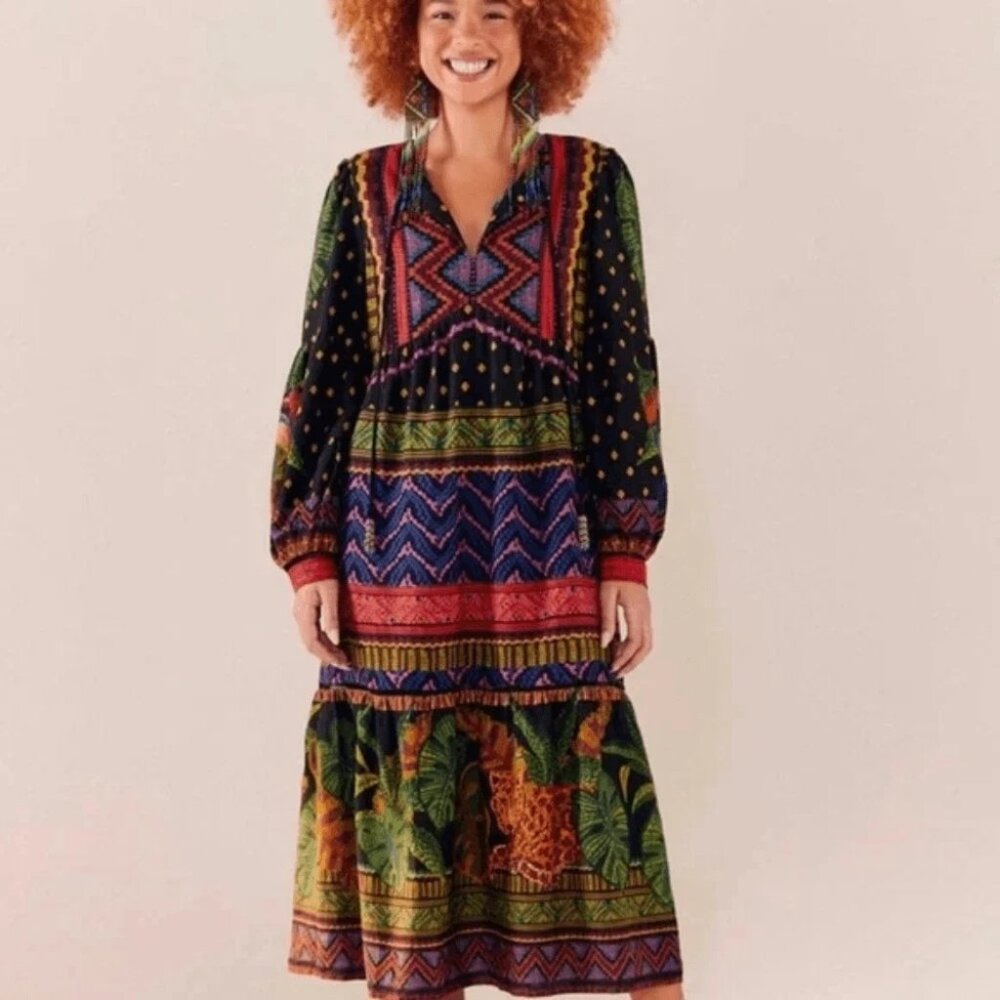 Farm Rio Forest Tapestry Split-Neck Midi Dress Size Medium